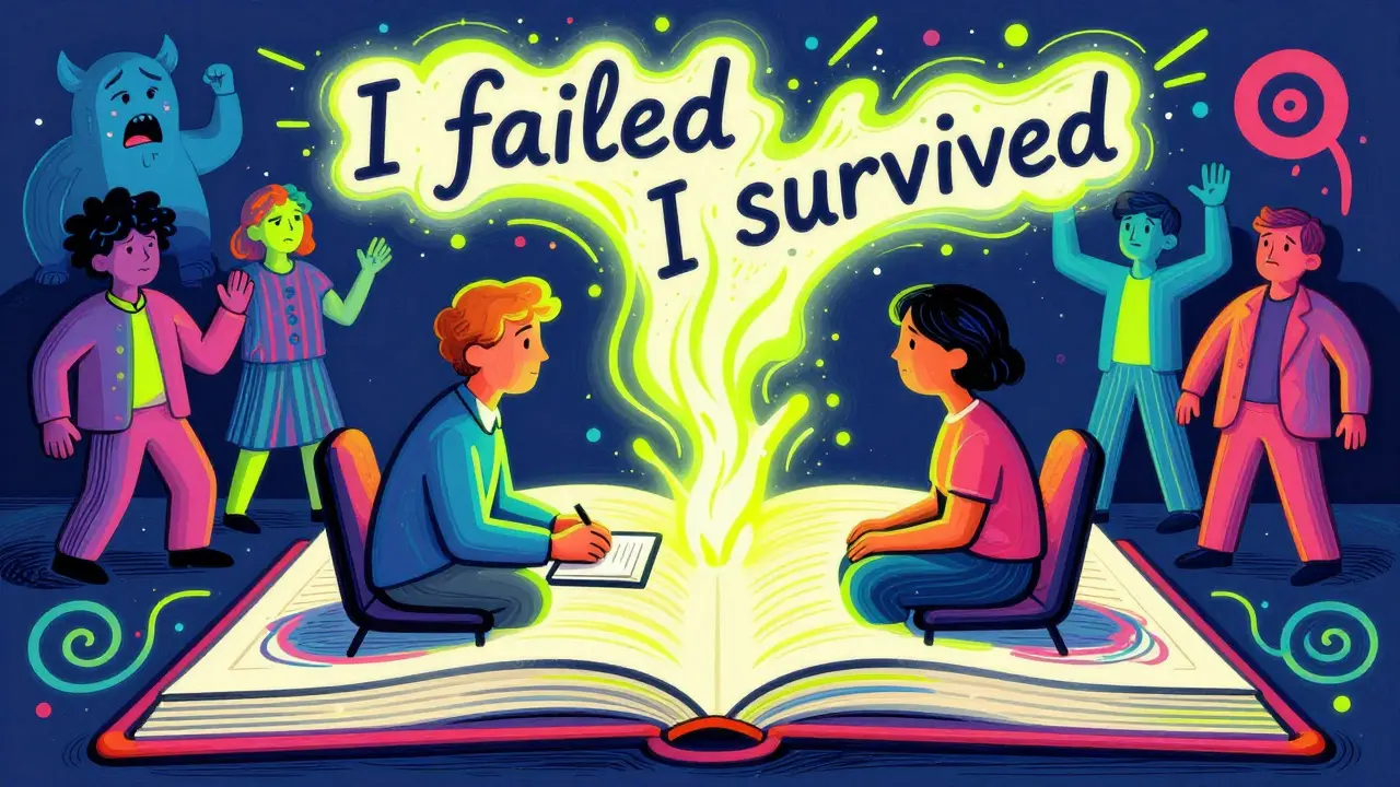 Terapeut a klient spolu přepisují příběh, kdy se slova vznášejí jako letící písmena v barevném, kresleném prostředí.