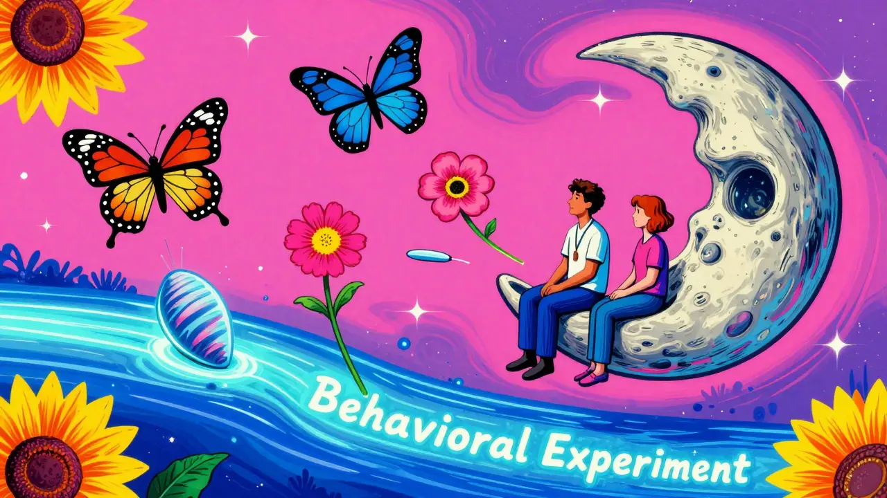 Terapeut a pacient na měsíci ve tvaru lžíce, kde zkreslené myšlenky se mění v motýly a proud myšlenek teče jako řeka.