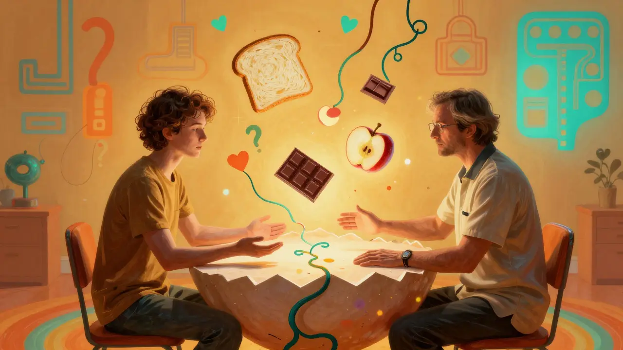 Terapeut a pacientka sedí u stolu tvaru vajíčka, kolem nich plavou jídla a symboly přeměny víry.