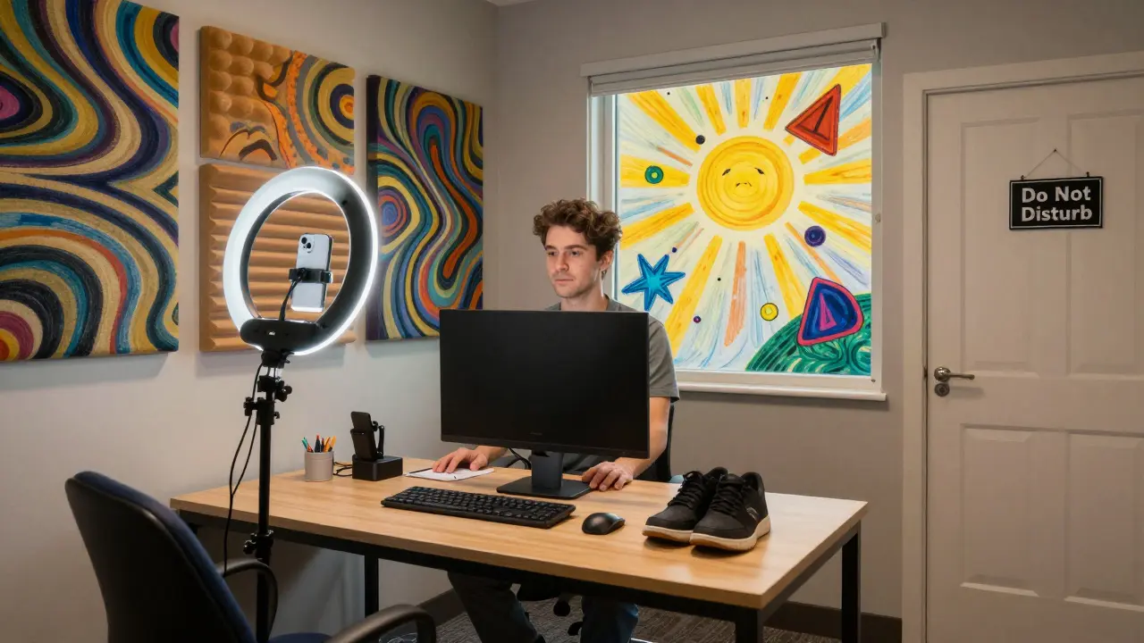 Terapeut pracuje v vyhrazeném pokoji s akustickými panely a teplým osvětlením, kamera na úrovni očí.