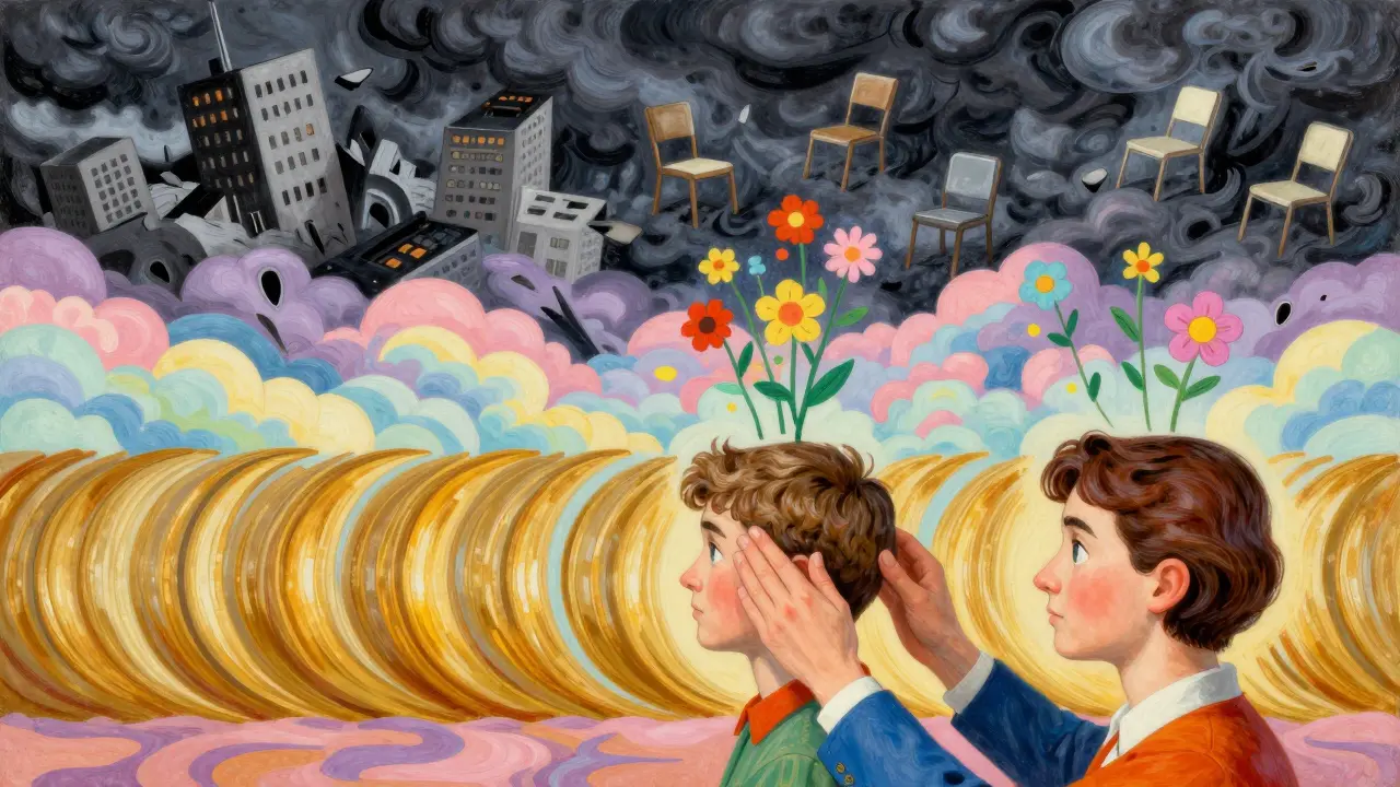 Terapeut vede pohyb očí, zatímco temné obavy o budoucnosti mizí v pastelových mracích.