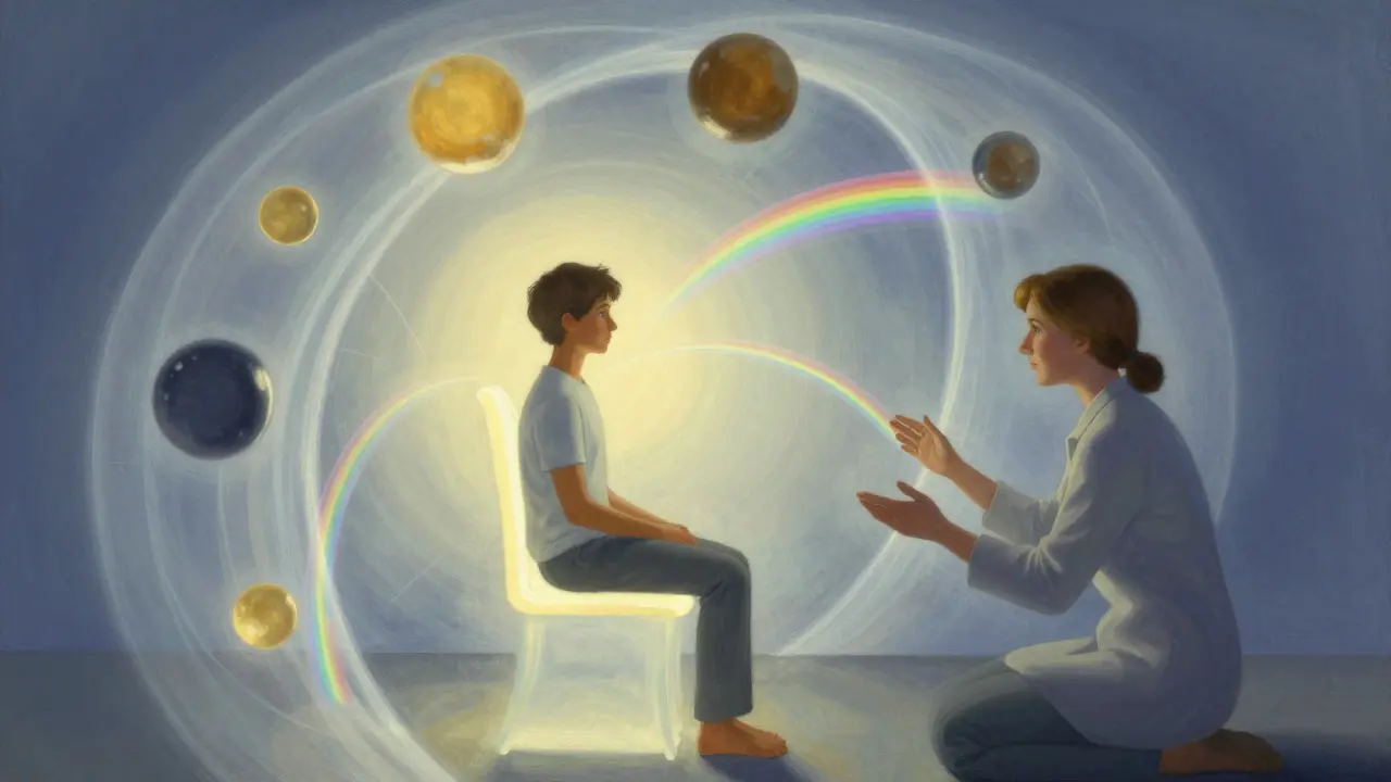 Terapeutická seance s prstýmkovými duhovými vlnami, které spojují paměti s bezpečím.