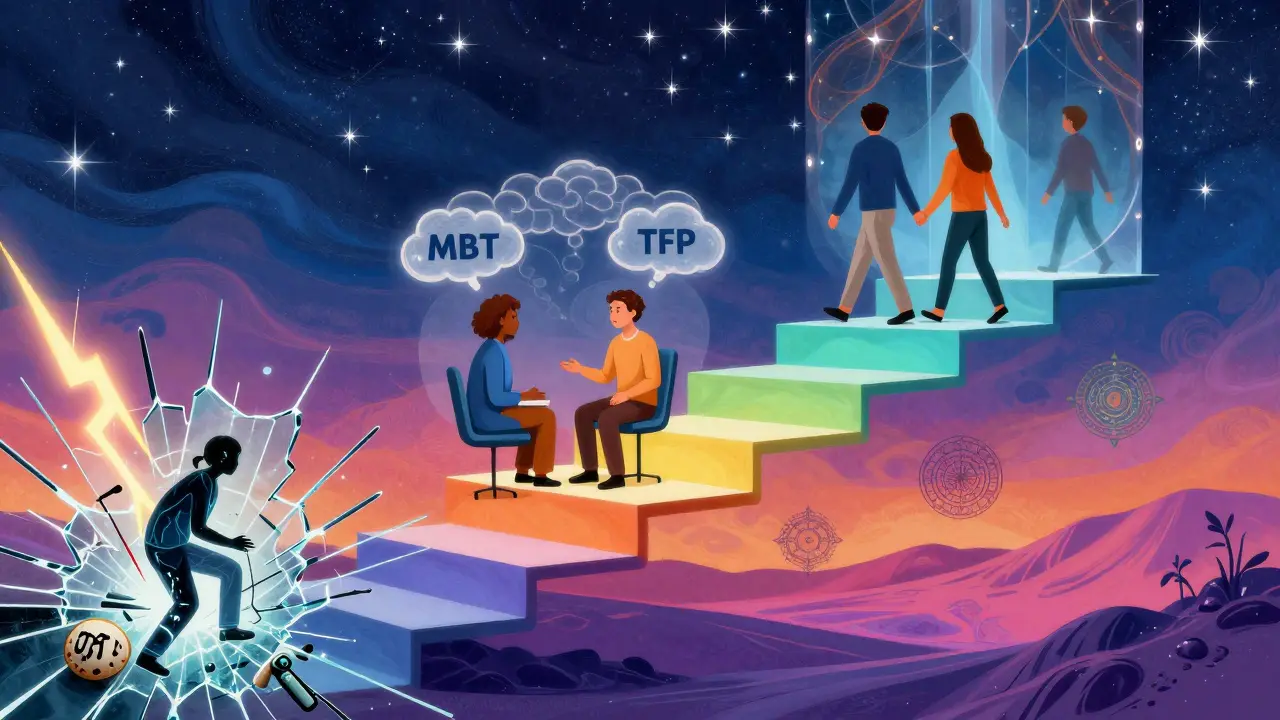 Tři fáze terapie jako schody ve stylu Petera Max: krize, porozumění a vztah, s kozmickými barvami a symboly pokroku.