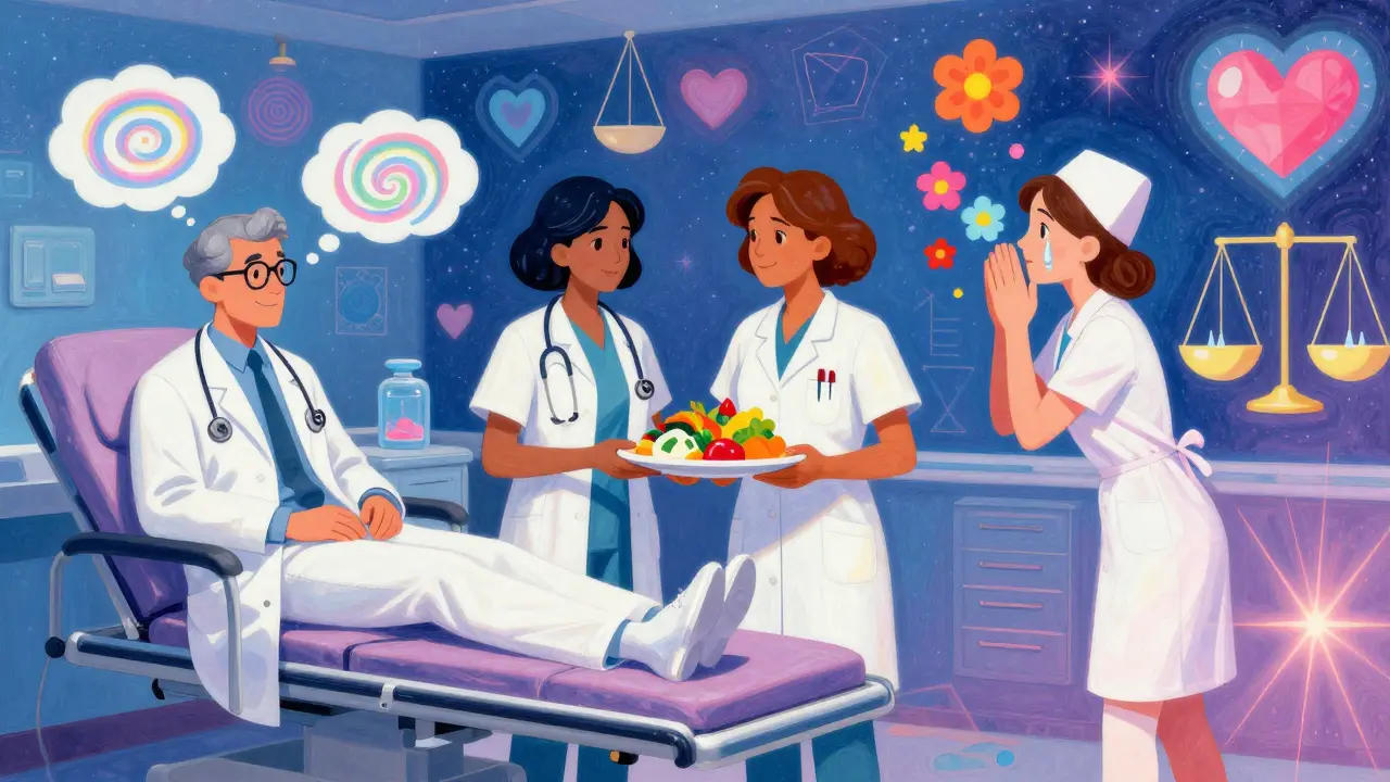Tým lékařů v barevném nemocničním prostředí, kde myšlenky a jídlo tvoří radoucí, kozmické obrazce.