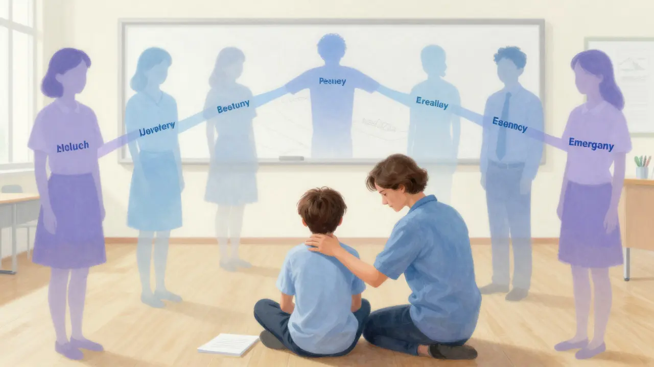 Učitel podporuje žáka ve třídě, kolem nich plavou symboly podpory a pomoci.