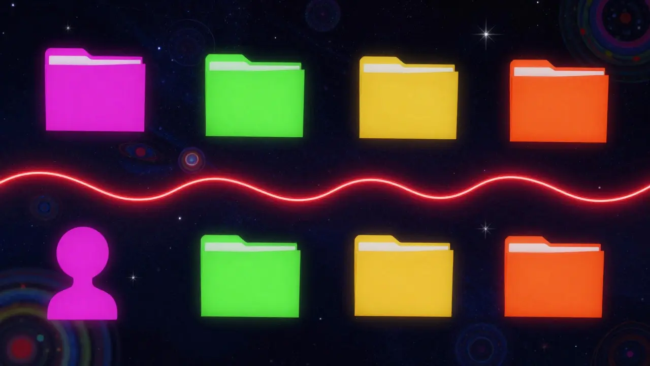 Abstraktní červená nit propojující barevné složky se záznamy v surrealistickém stylu.