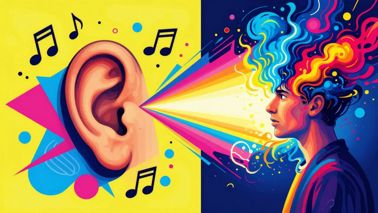 Abstraktní ilustrace procesu aktivního naslouchání a reflexe emocí v sytých barvách.