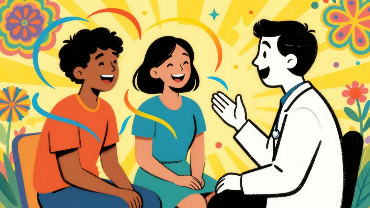 Barevná ilustrace terapeuta a páru, kteří se společně smějí v kaleidoskopickém prostředí.