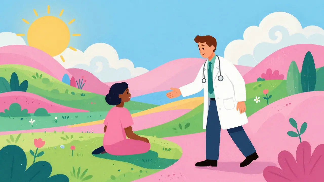 Barevná ilustrace terapeuta, který eticky doporučuje pacienta dalšímu vhodnějšímu odborníkovi.