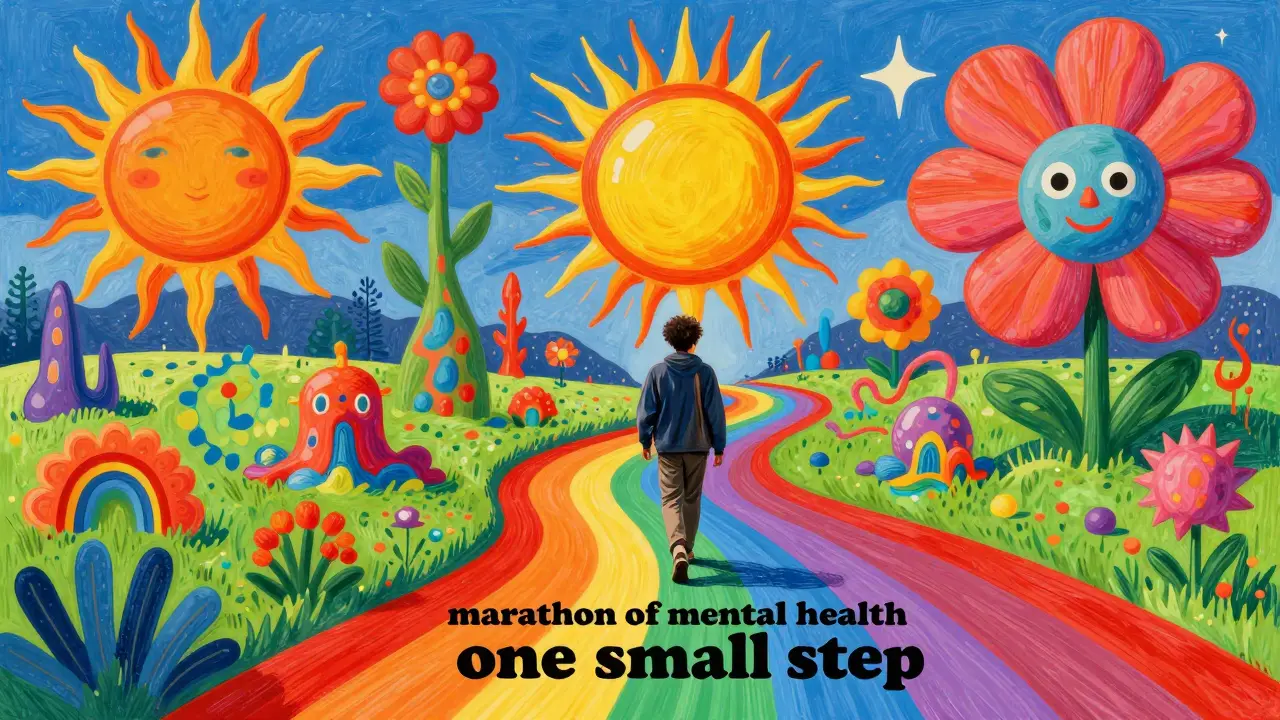 Člověk kráčející po duhové cestě v barevném, snovém krajině.