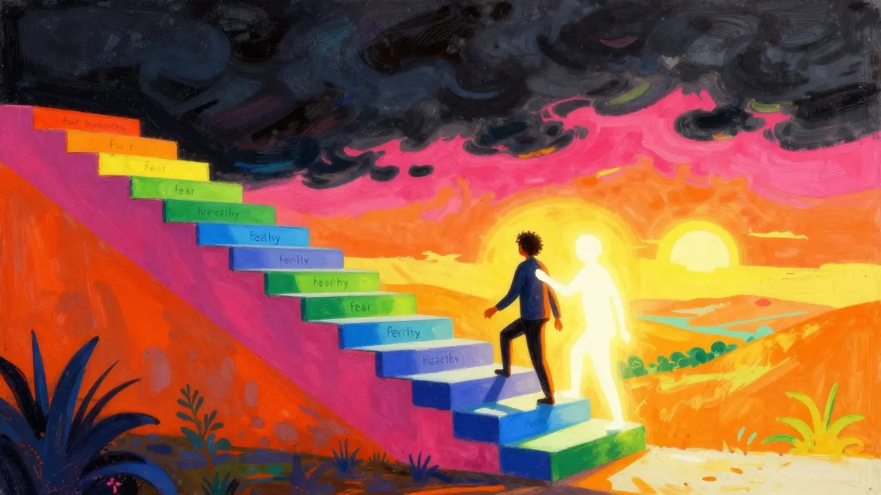 Člověk sestupující po duhové schodičce strachu za doprovodu terapeuta v psychednickém stylu.