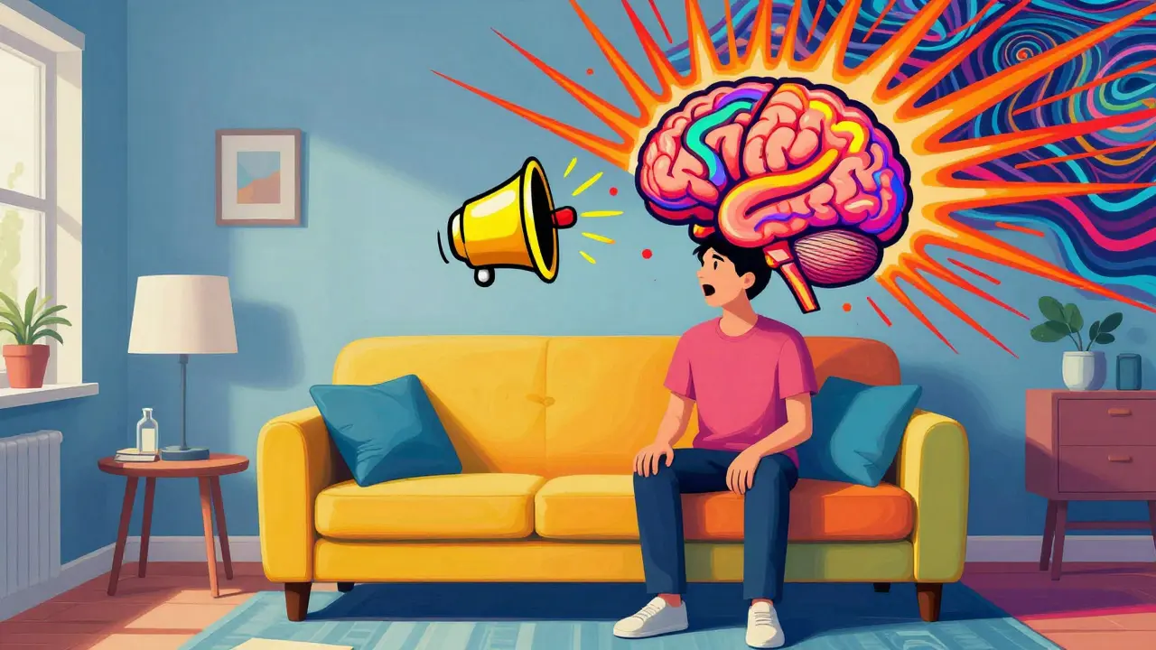 Člověk v obýváku s neonovou amygdalou v hlavě v podobě hlučného alarmu.