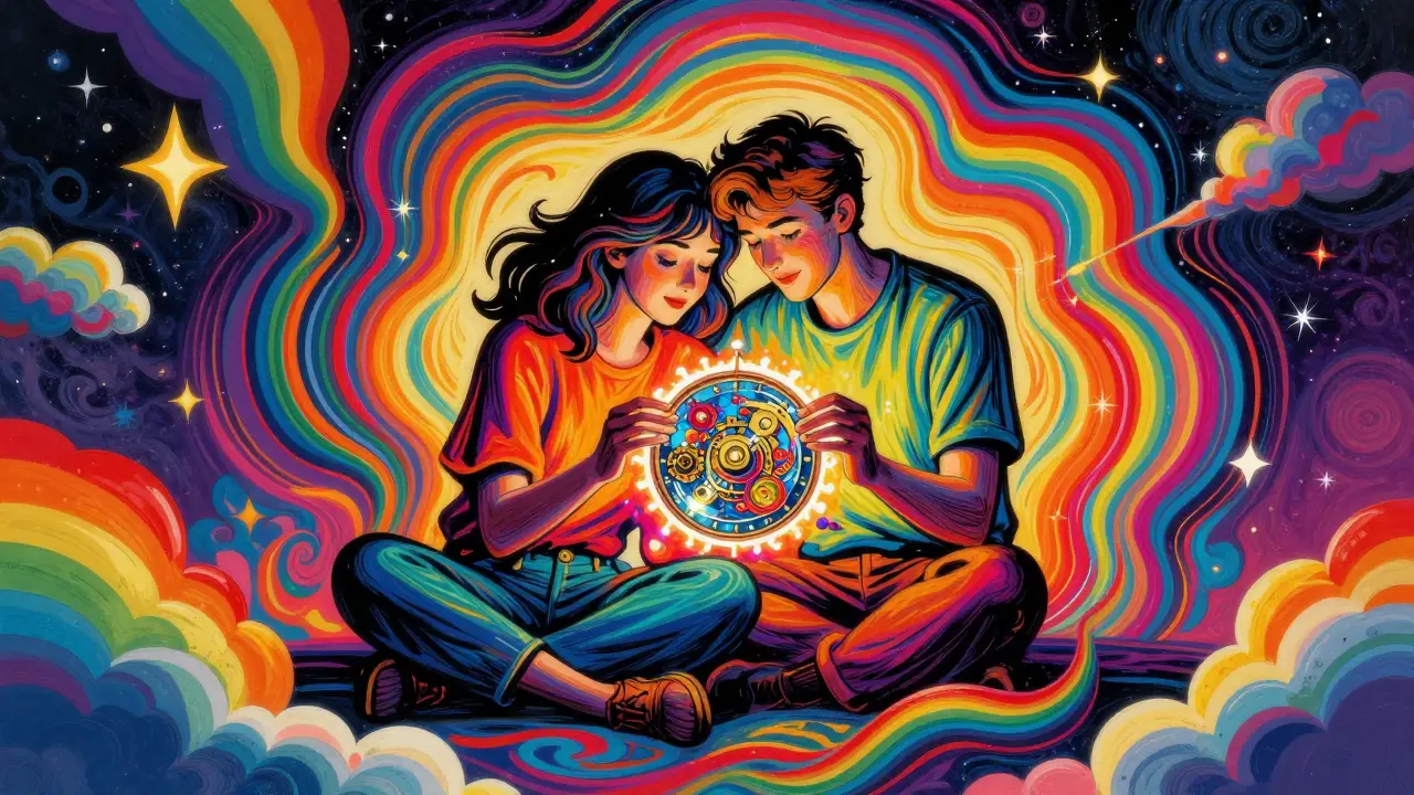 Couple sdílející společný zájem v záři duhové a kosmické barev.