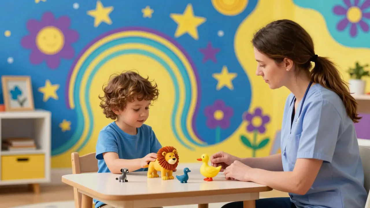 Dítě a terapeut v barevné herně pracující s figurkami zvířat.