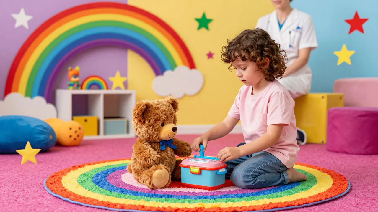 Dítě v barevné herně hraje si s medvídkem a lékařskou sadou.