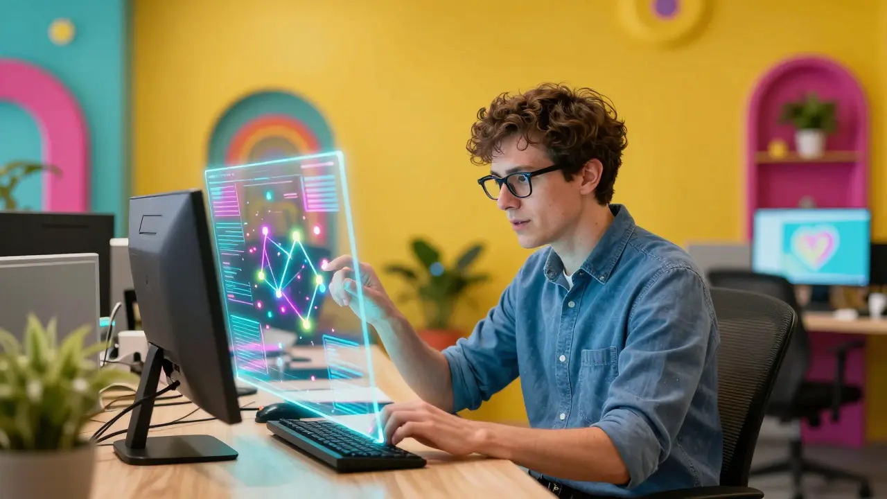 Dospělá osoba s autismem pracující s barevnými holografickými daty v moderní kanceláři.