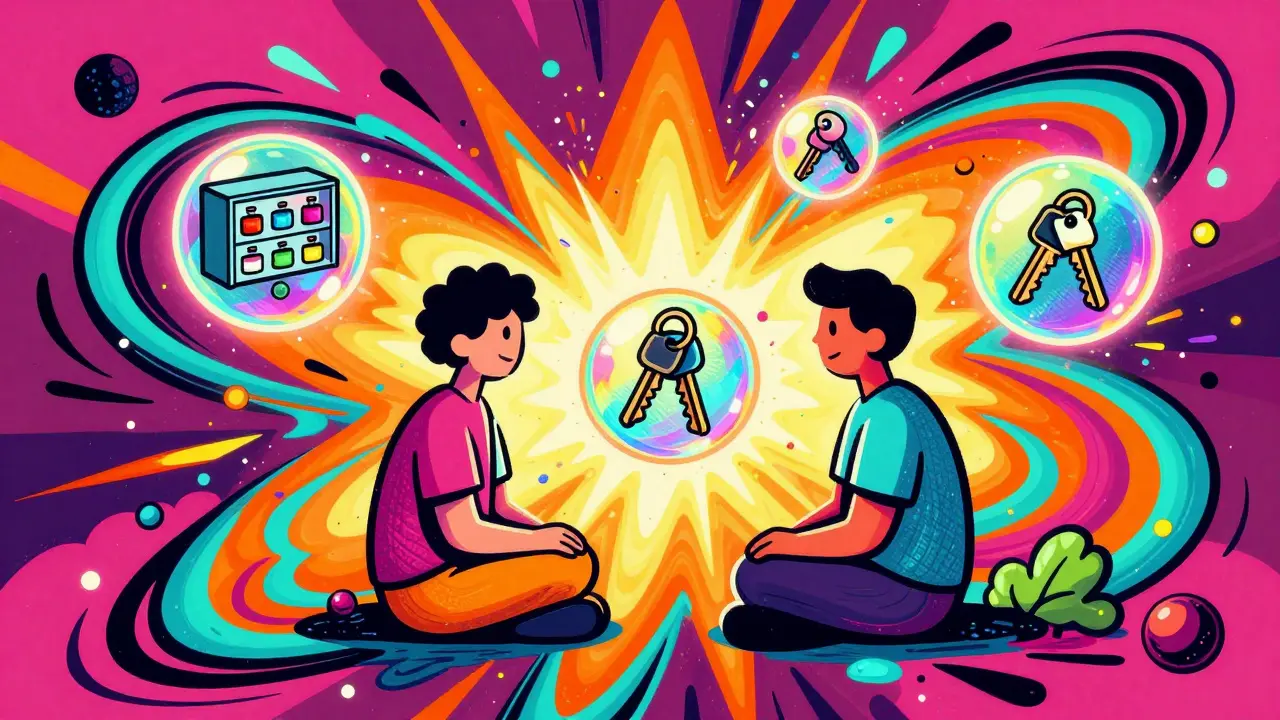 Dvě postavy společně plánující bezpečnost v sytých, koseckých barvách.