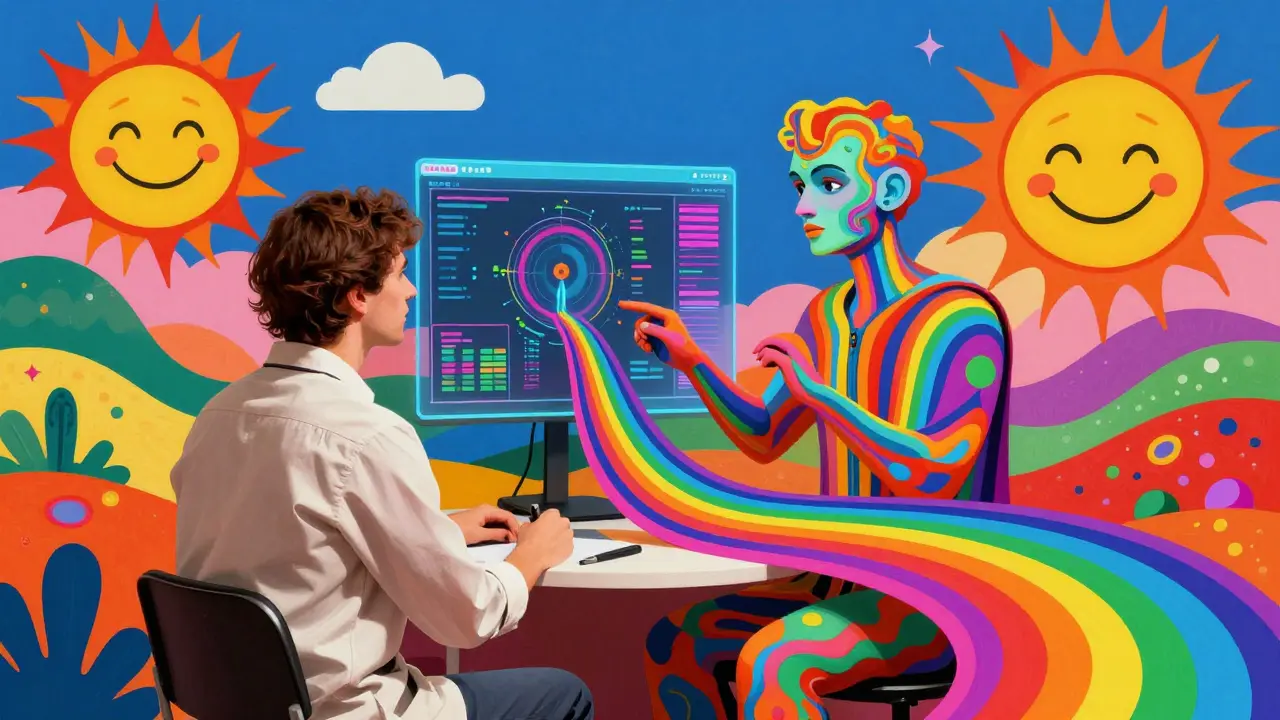 Futuristická vize online terapie s AI asistencí v psychednickém stylu.