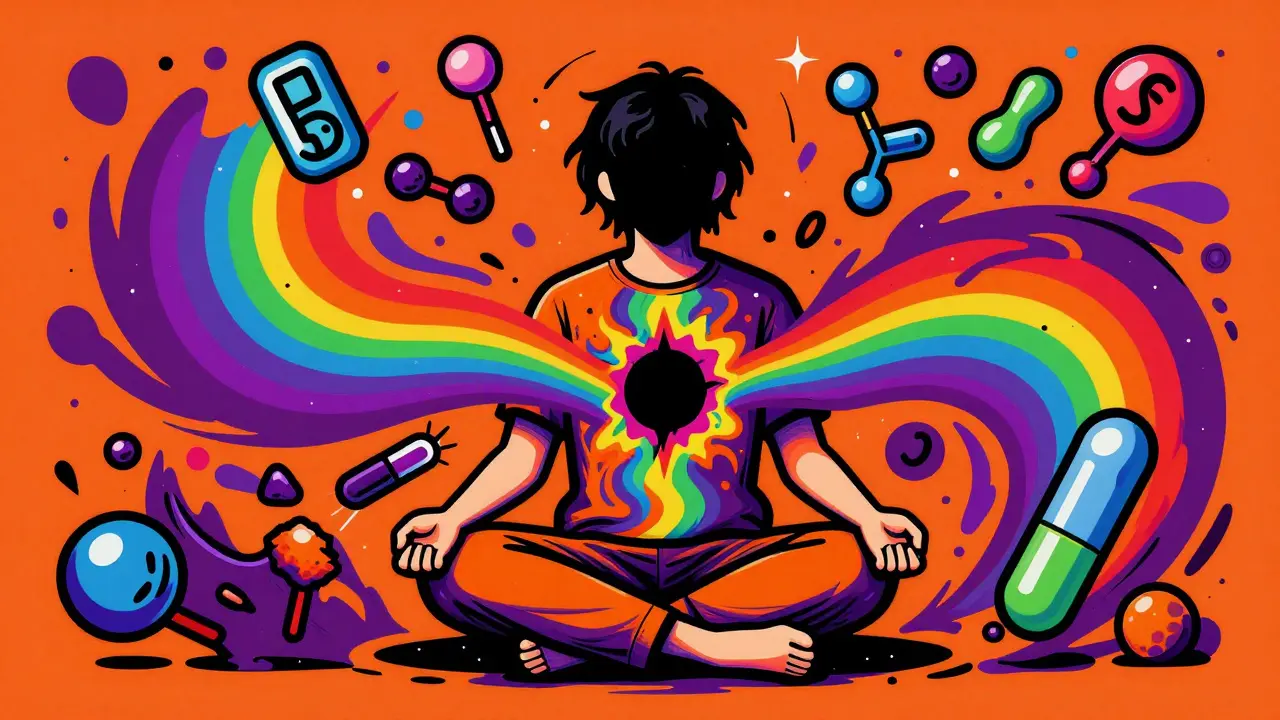 Kalaresní ilustrace člověka s prázdnotou v hrudníku obklopeného barevnými symboly závislostí.