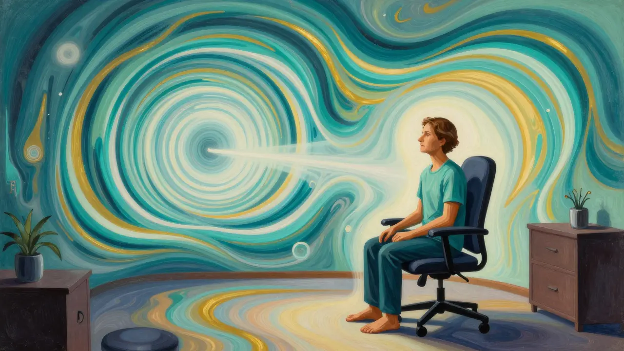 Klidný člověk v terapii, kde se traumatické vzpomínky mění v harmonické barevné vlny.