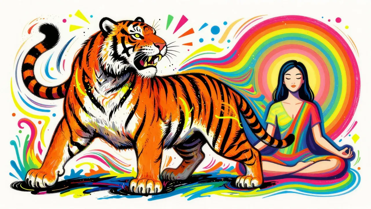 Kolařovitý tygr a meditující člověk uvolňující stres v barevném stylu.