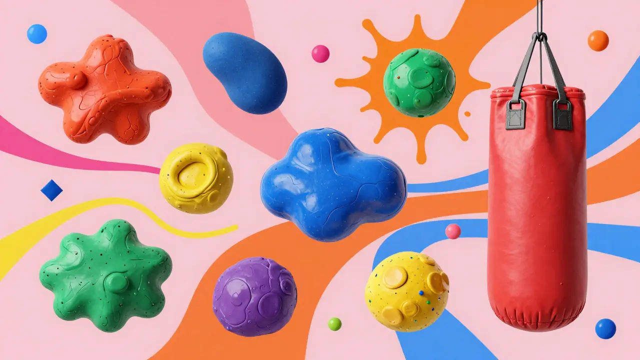 Kolaž terapeutických pomůcek jako plastelína a barvy v psychedrickém stylu.