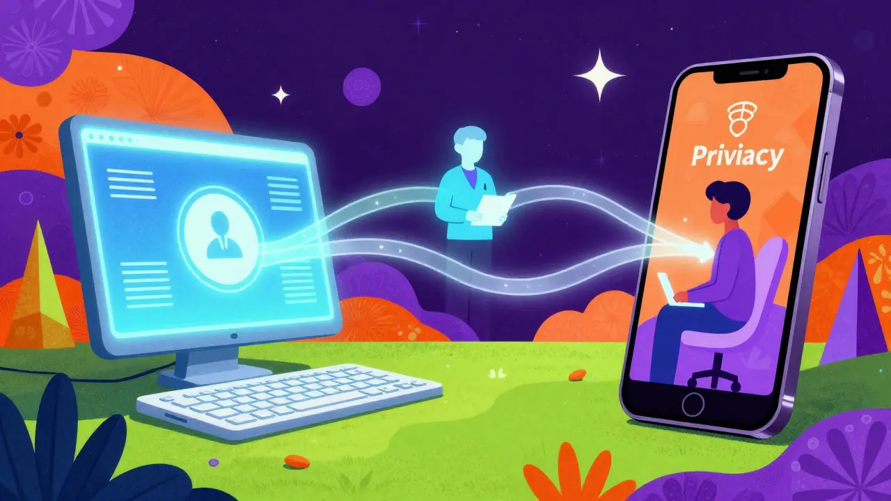 Kolaž v stylu Petera Maxe znázornující digitální bezpečnost a online terapii v kosmickém prostoru.