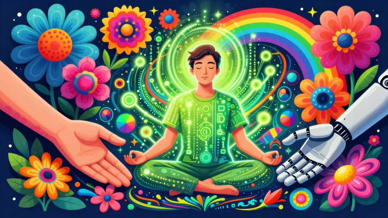 Kombinace technologie a lidské péče při meditaci v sytých barvách.