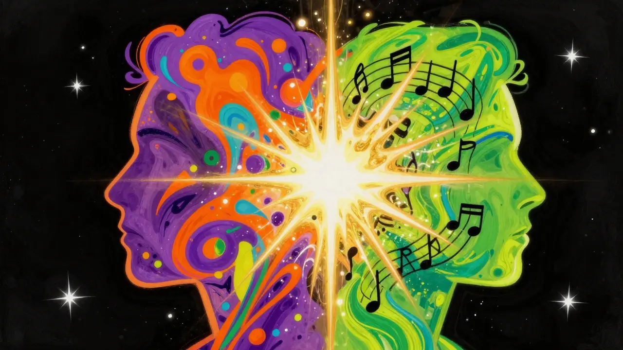 Konceptuální portrét kombinující výtvarné prvky a hudební symboly v sytých barvách.