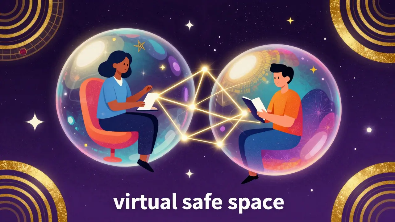 Konceptuální zobrazení bezpečného virtuálního prostoru pro online terapii.