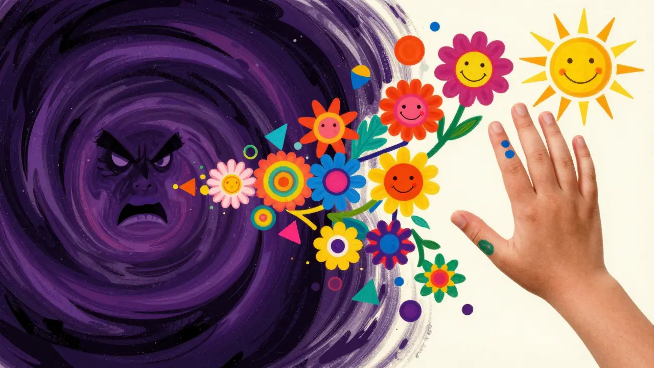 Kreativní přeměna temných emocí v barevné květiny a slunce.