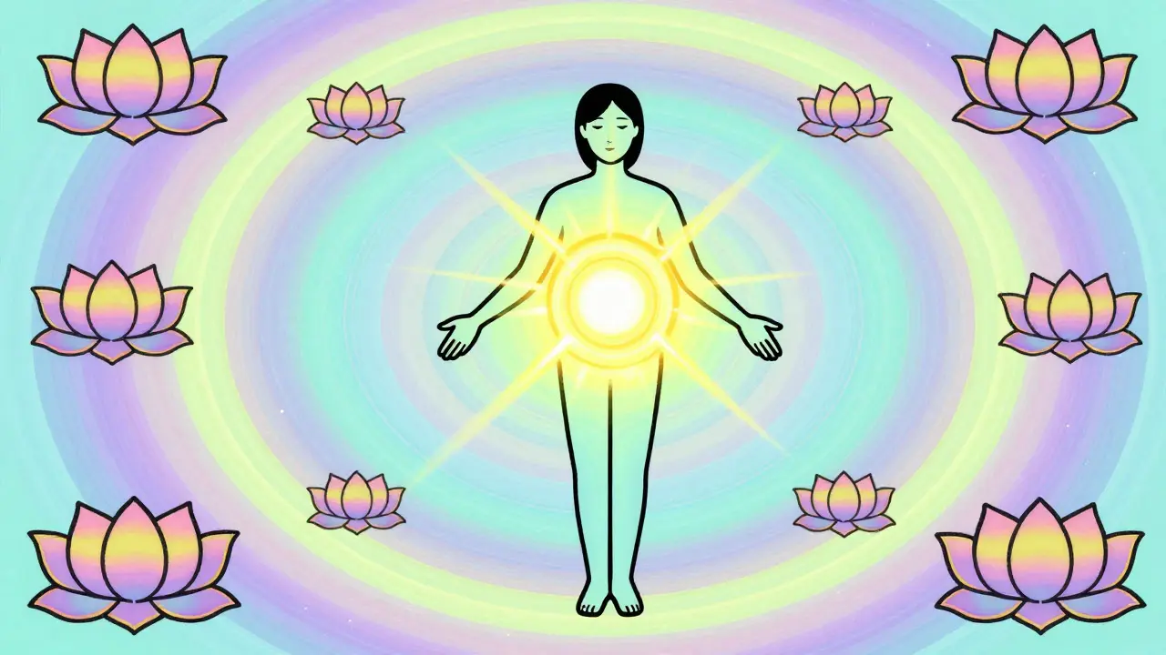 Kresba člověka v centerXu barevných kruhů symbolizující vnitřní klid a rovnováhu.