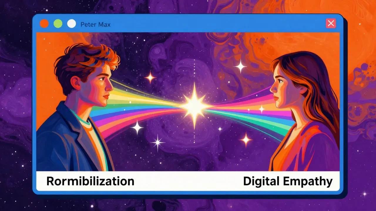 Kresba symbolizující normalizaci a digitální empatii mezi dvěma lidmi přes obrazovku.