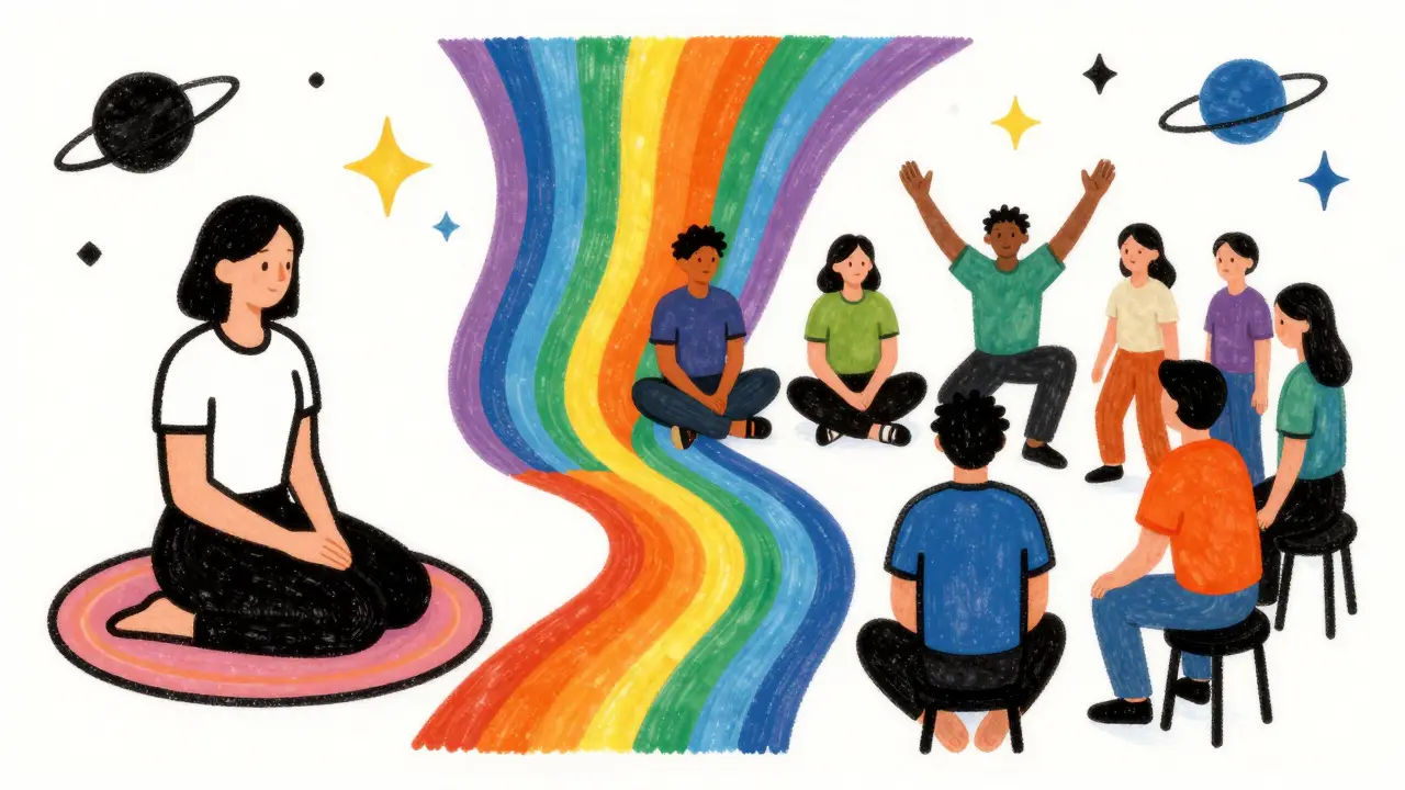 Kresba v stylu Petera Maxe kombinující scénu individuální a skupinové terapie přes duhové přechody.