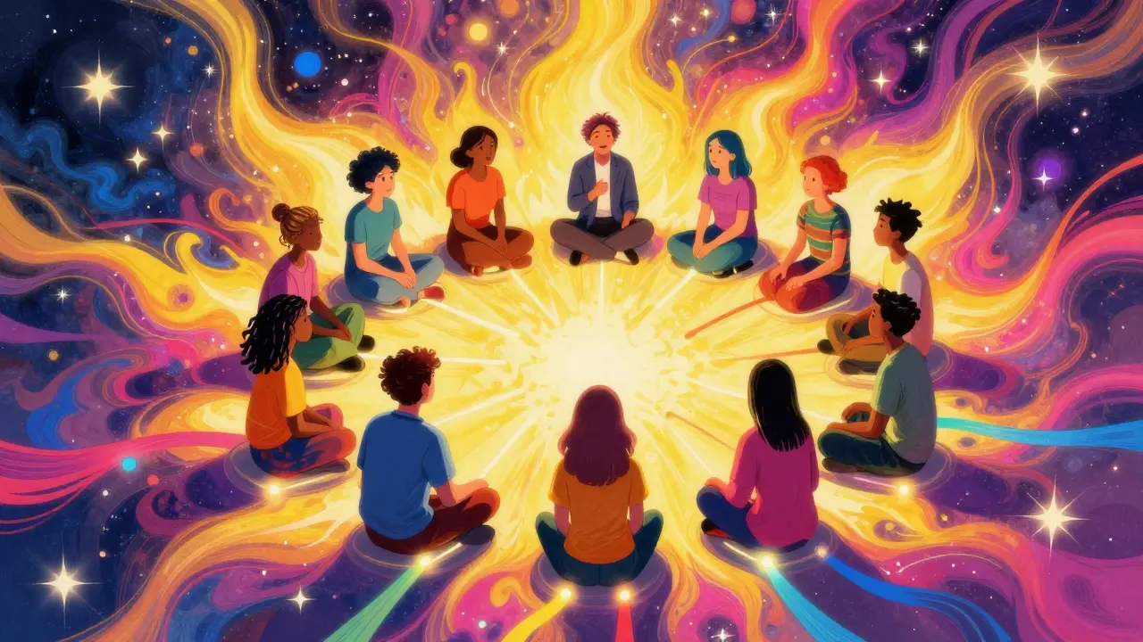 Kresba v stylu Petera Maxe ukazující skupinu lidí v terapeutickém kruhu propojených barevnými pásy.