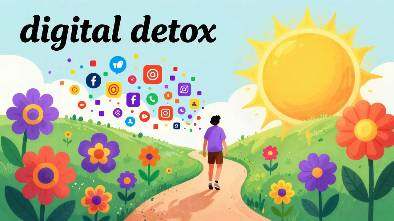 Osoba odchází od digitálního chaosu do světa barev a přírody, symbolizující vnitřní klid.