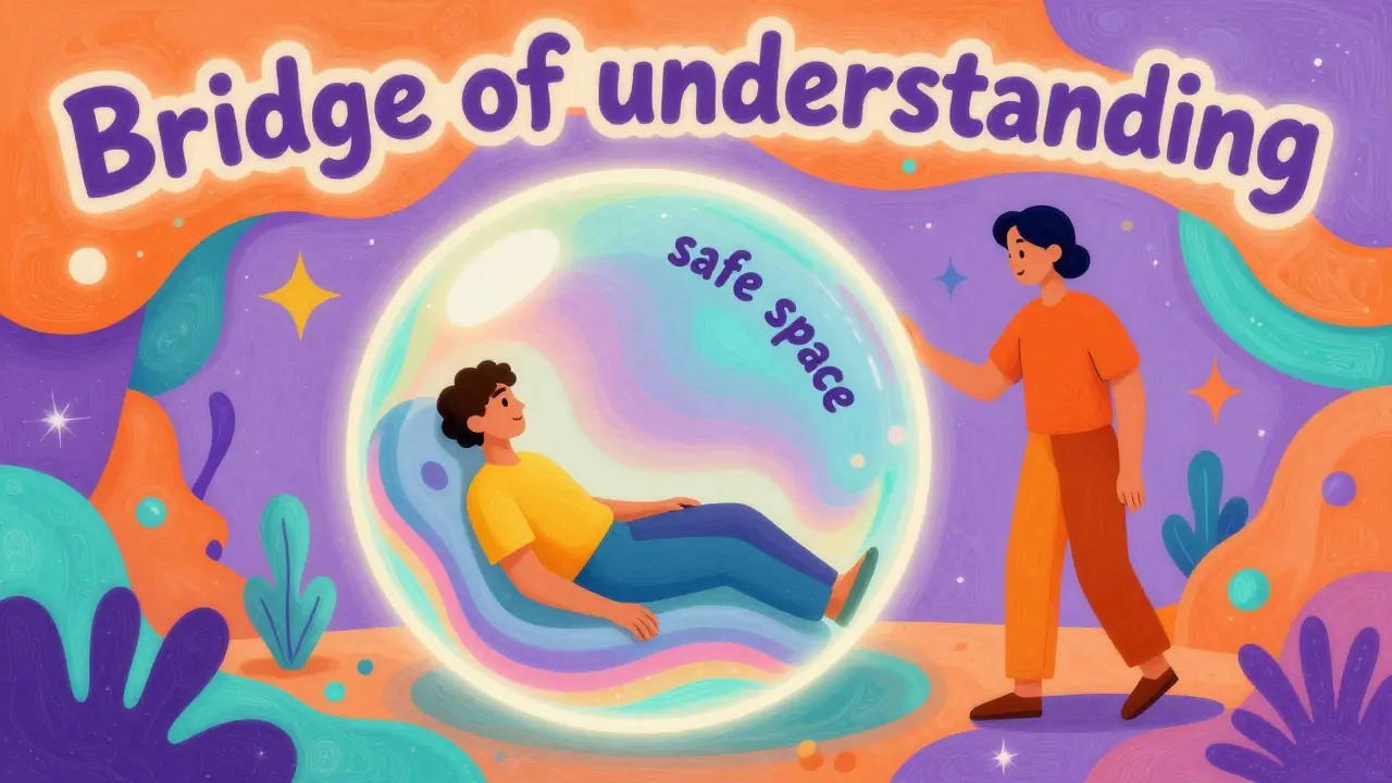 Osoba v bezpečném barevném prostoru s podporujícím partnerem v radostném stylu.