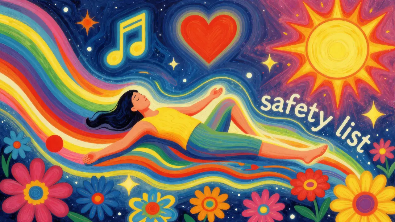 Osoba v meditativním stavu obklopená barevnými symboly zotravení a klidu.