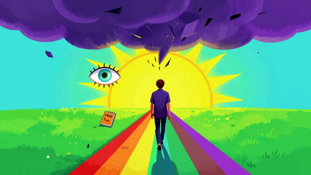 Postava kráčející po duhové cestě směrem k slunci s symboly léčby a naděje.