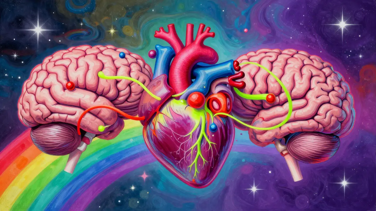Psychadelická ilustrace mozku a srdce propojených barevnými pásmy endorfinů.