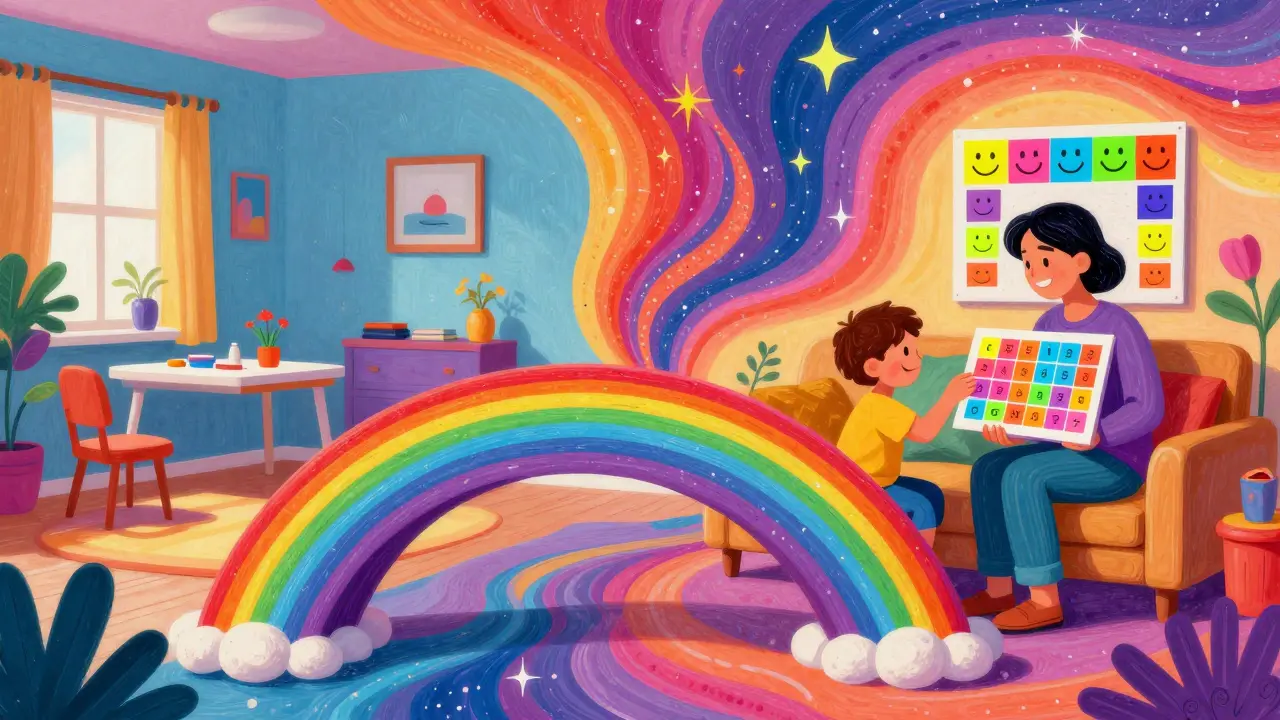 Rodič a dítě společně pracují s barevným emočním kalendářem v domovním prostředí.