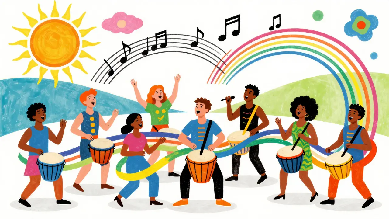 Skupina lidí hrajících na bubny v barevné, rytmické ilustraci symbolizující muzikoterapii.