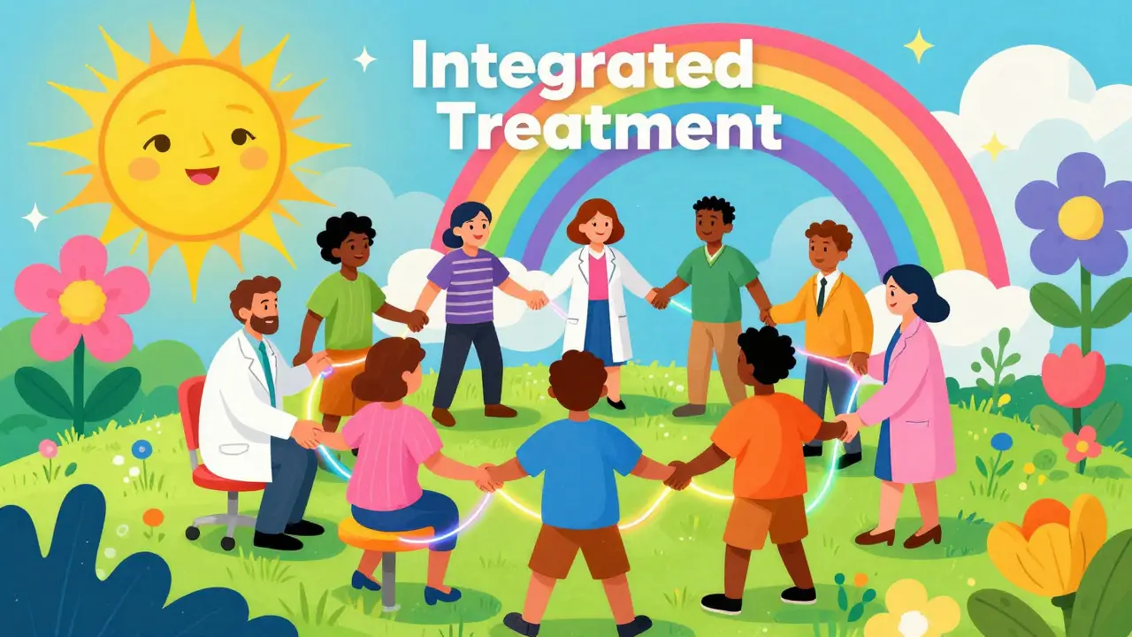 Skupina odborníků a pacienta spojených barevnými pásmy v optimistické a barevné krajině.