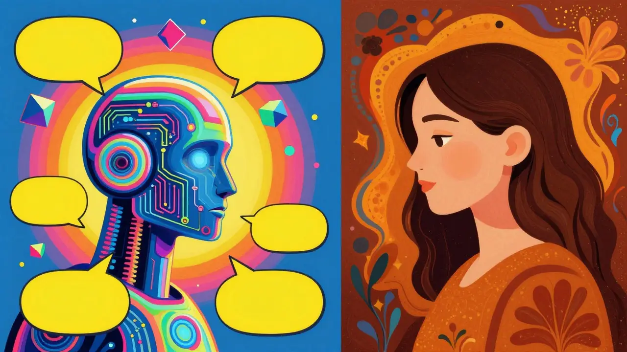 Srovnání digitálního AI bota a lidského terapeuta v barevném pop-artu.