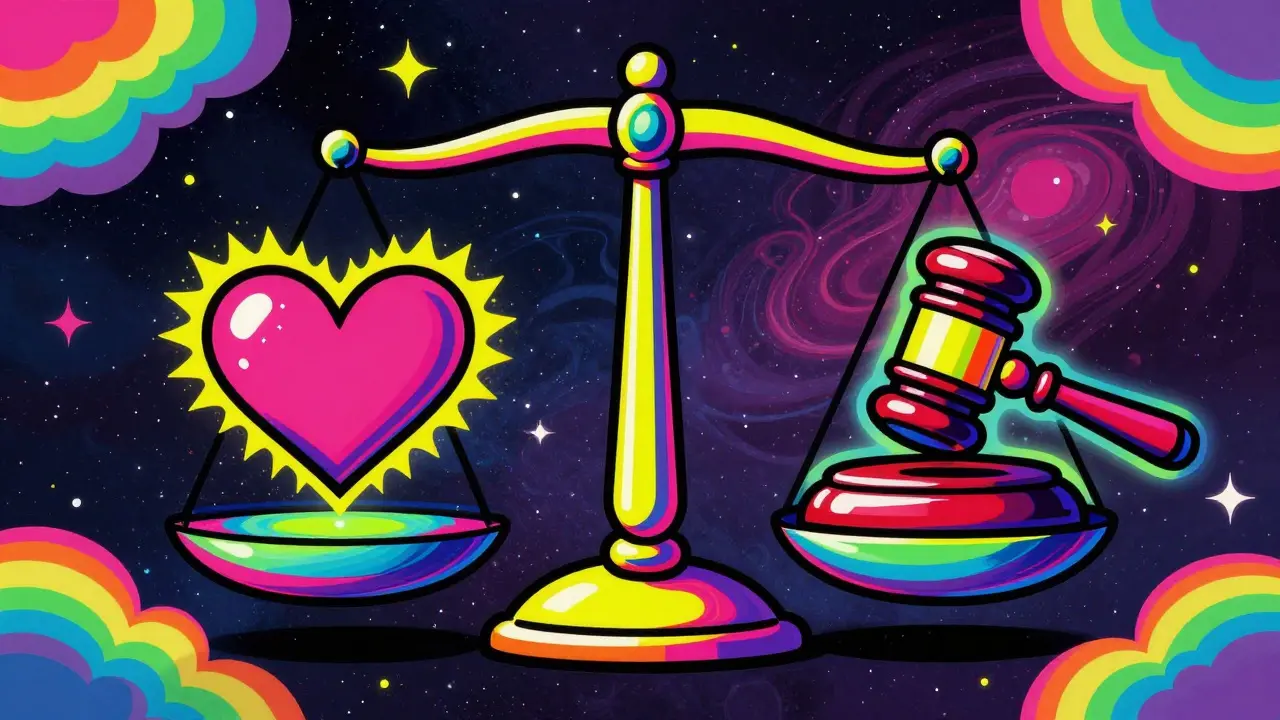 Surrealistická ilustrace vah s srdcem av kladivem symbolizující hranici mezi mlčenlivostí a zákonem.