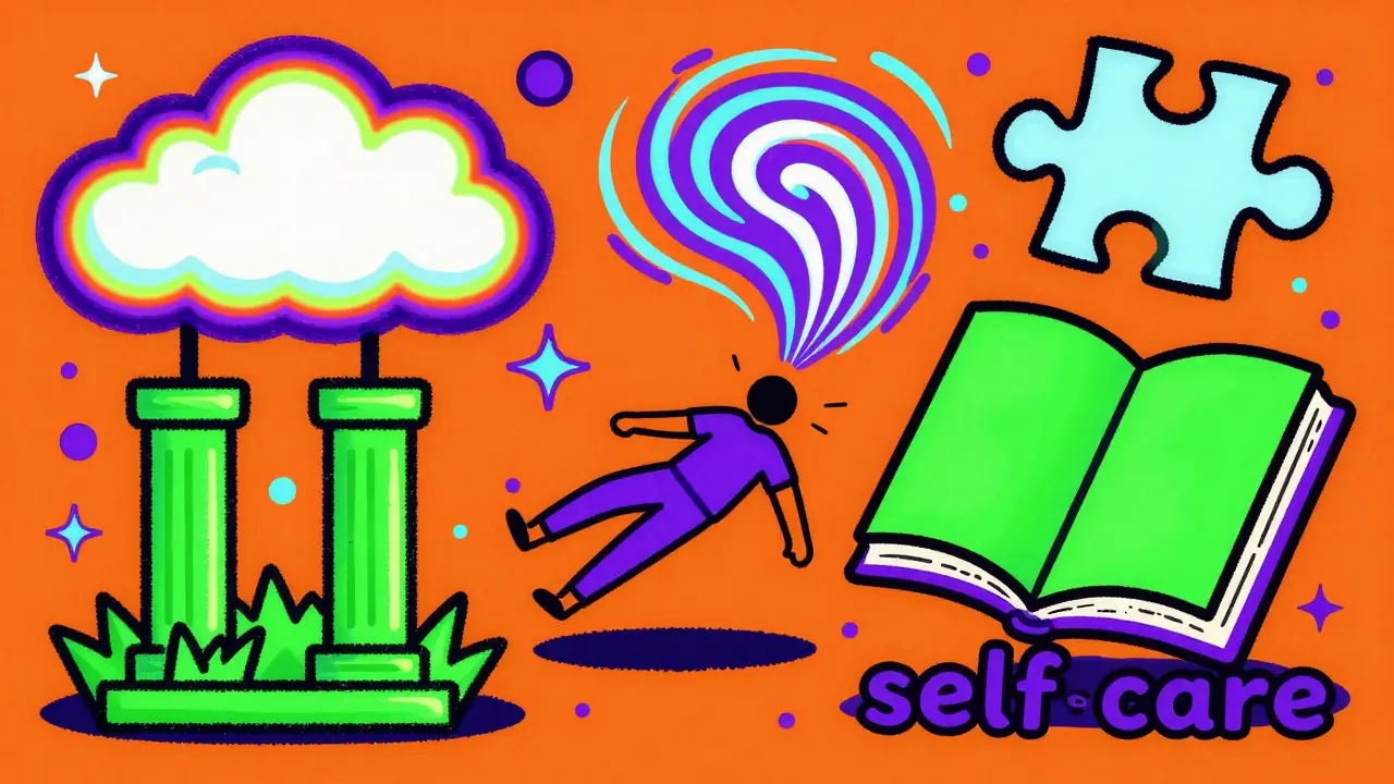 Surrealistický obraz symbolů spánku a relaxace v zářivých barvách.