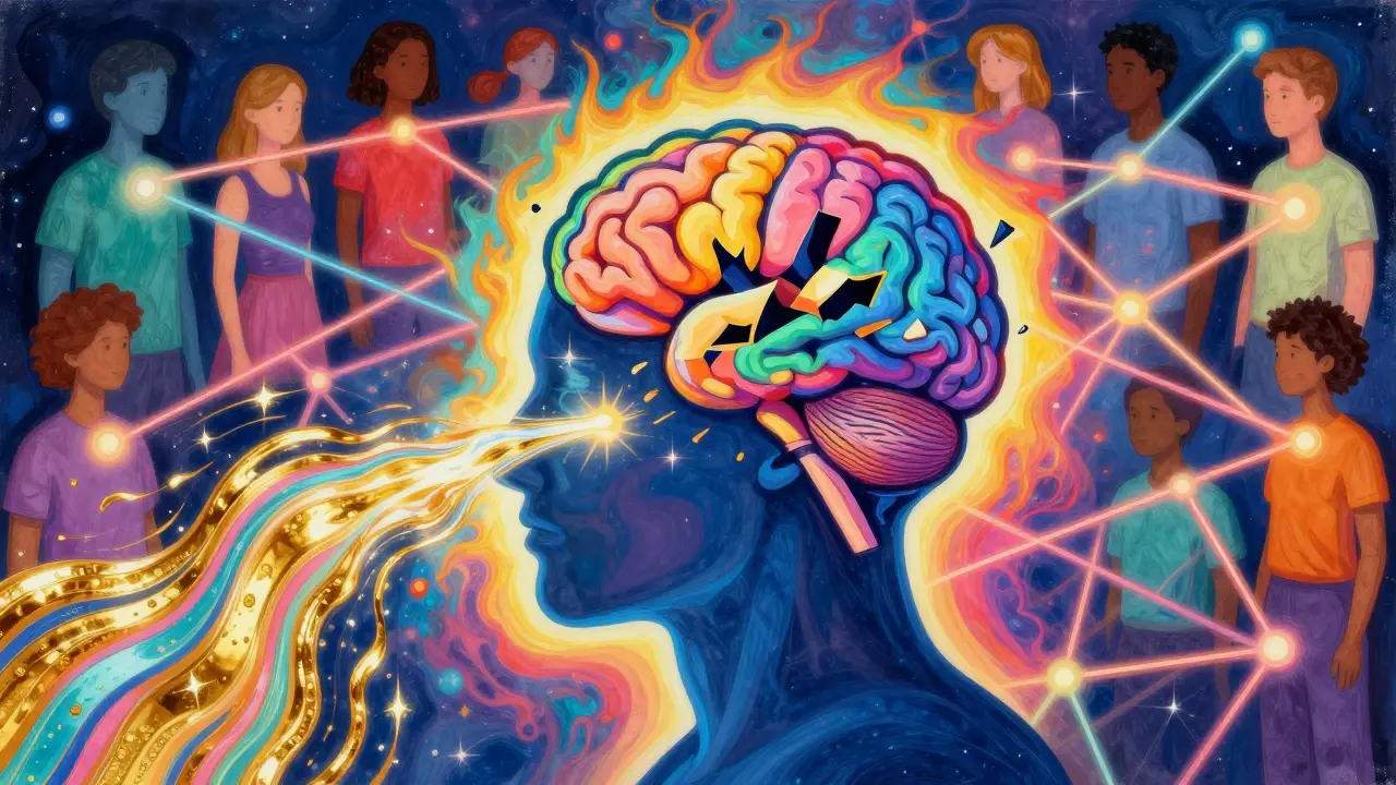 Symbolické znázornění budování důvěry a vnitřního osvobození v barevné, kosmické stylistice.