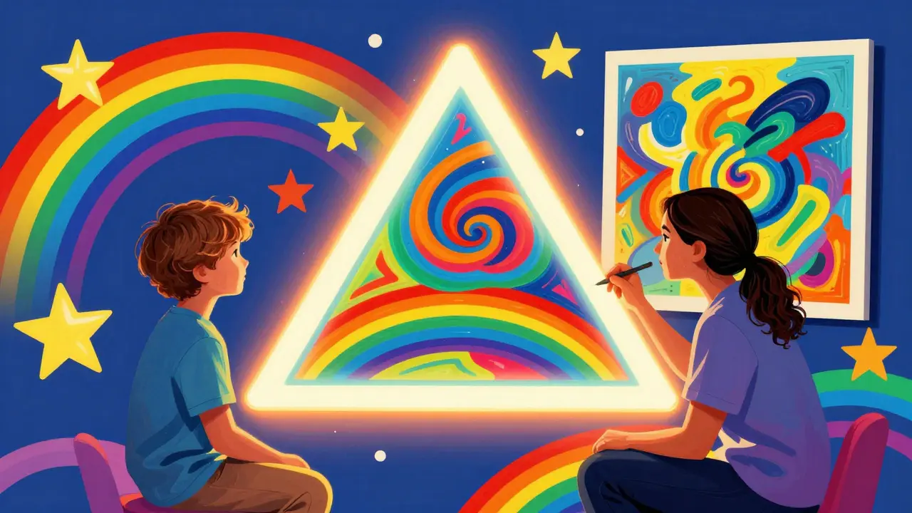 Terapeut a dítě společně pozorují barevný obraz jako most pro komunikaci.