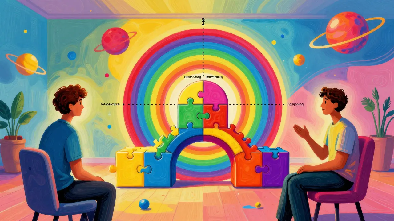 Terapeut a pacient pracující na vrstvách léčby v barevném, surrealistickém prostředí.