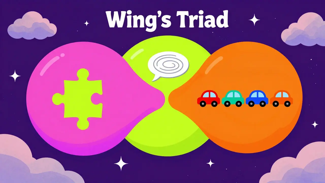 Tři barevné sféry symbolizující sociální interakci, komunikaci a stereotypní chování.